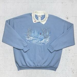 VTG Morning Sun Cardinal Bird Winter Polo Collar Sweatshirt Size XL Cottagecore